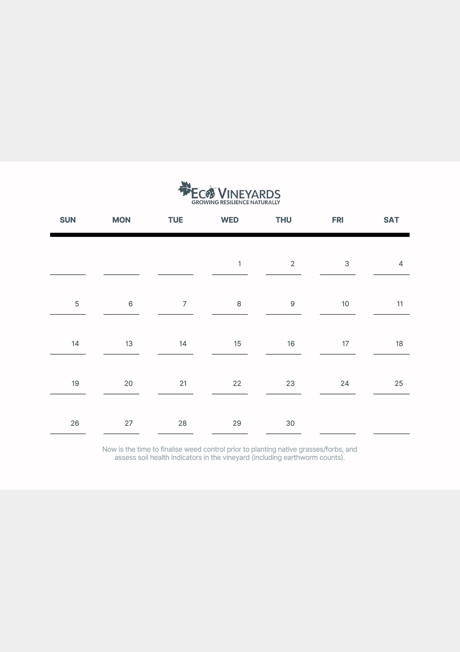 2026 EcoVineyards Calendar dates page - grey background