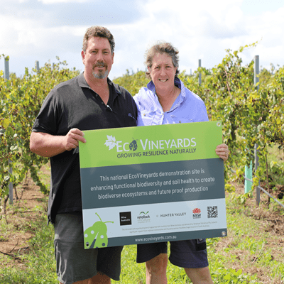 Jerome Scarborough & Liz Riley, Scarborough Wine Co, Hunter Valley, EcoGrower participating in the EcoVineyards program